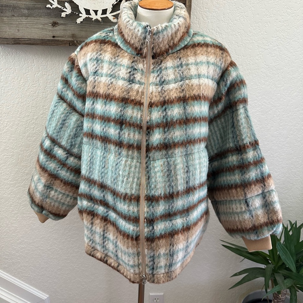 Anthropologie Brushed plaid puffer jacket full zip ladies plus size 1X NWT